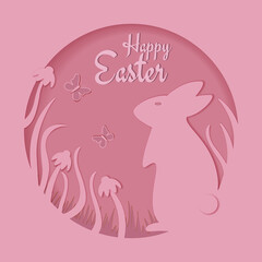 Happy Easter day in paper art style with bunny. Christ is risen. Greeting card template. Vector illustration.