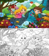 cartoon scene forest elf prince and princess and castle