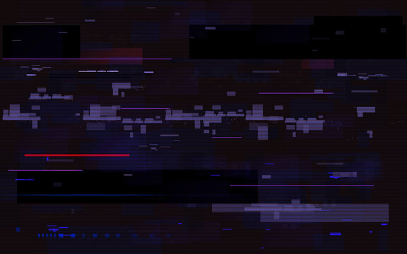 Glitch effect. Digital video error with random shapes. Dynamic broken signal. Playback distortion. Dark pixels and lines. Abstract distorted background. Vector illustration