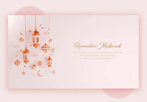 Ramadan Mubarak Concept with Arabic Lanterns Golden Moon and Stars
