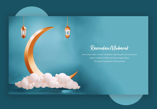 Ramadan Mubarak Concept with Golden Crescent Moon and Clouds