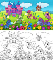 Fototapeta premium cartoon scene forest pony horses castle illustration
