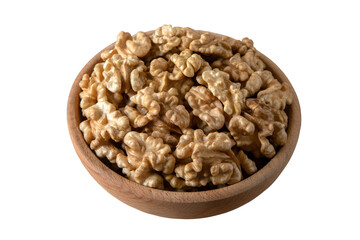 Bowl full of peeled walnuts on a white background