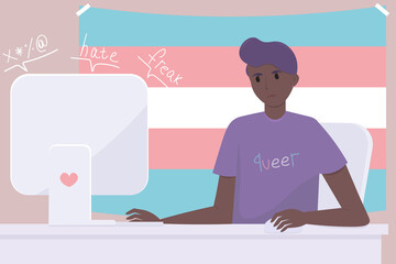 Harassment in the Internet space. Cyberbullying. A trans person faces negative comments and insults on social networks. Transgender people face social rejection.  Rejection of the LGBTQ community - obrazy, fototapety, plakaty