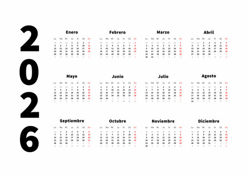 2026 year simple horizontal calendar in spanish, typographic calendar isolated on white