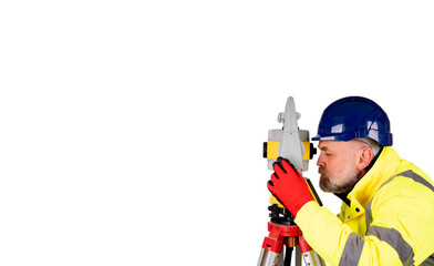 Portrait of a Site engineer in hi-viz using modern surveying equipment isolated on white background