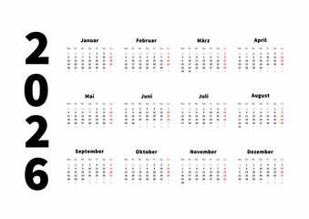 2026 year simple horizontal calendar in german, typographic calendar isolated on white