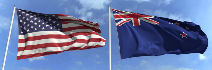 Fototapeta premium Flying flags of the USA and New zealand on high flagpoles. 3d rendering