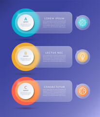 Infographic options banner with glass effect. Template with 3 options, steps, parts with place for text and icons.