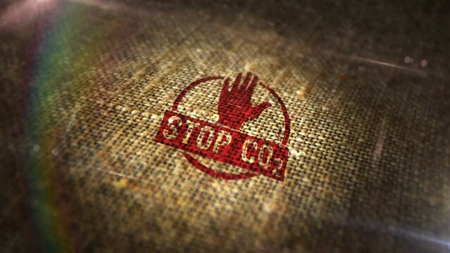 Stop CO2 and carbon neutral sign stamp on natural linen sack. Eco, environment, zero emission and climate 3D rendered design abstract concept. Looped and seamless animation.