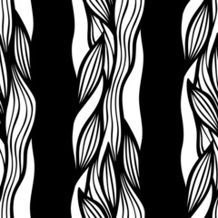 Abstract black and white floral seamless pattern with wavy lines