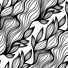 Abstract black and white floral seamless pattern with wavy lines