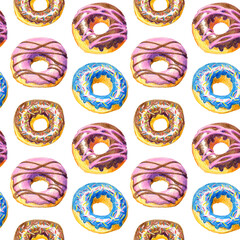 Seamless pattern of multicolored donuts drawn with wax crayons on a White background. For fabric, sketchbook, wallpaper, wrapping paper.