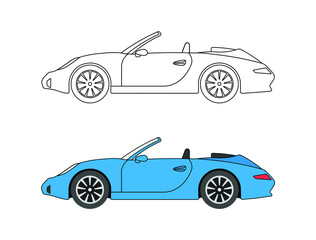 Convertible car, cabriolet. A set of vector automobile icons in outlined silhouette and colored design isolated on white background.