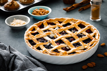 Almond and berry pie with lattice pastry