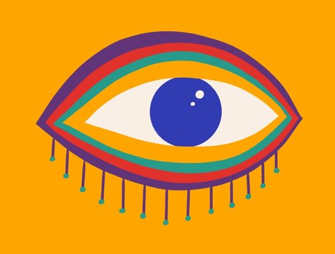 Colorful blue eye illustration on yellow