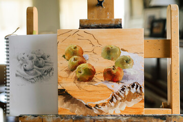 Apple still life painting and sketch 