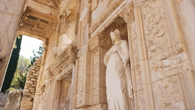 Roman ruin of the library of Celsius near Ephesus Turkey. Arete statue in Ephesus.