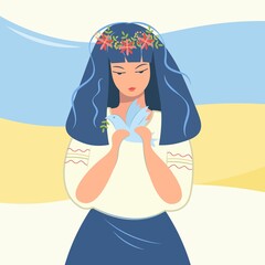 Ukrainian girl with a dove in her hands. A sad woman in national clothes against the background of a yellow-blue flag. Pray for Ukraine. Vector isolated illustration. Design for banner, web page.