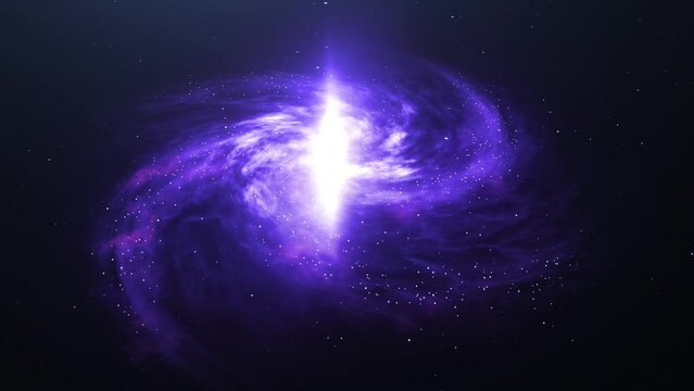 A spiral galaxy in the dark starry sky. The camera slowly zooms in on the purple galaxy. Rotating Nebula space animation in 3d.  Ideal for meditation background and relaxation music.