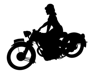 Fototapeta na wymiar Women in protective clothing rides sport bike. Isolated silhouette on a white background