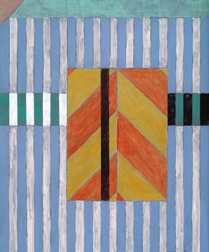A painting with roughly painted stripes and chevrons.