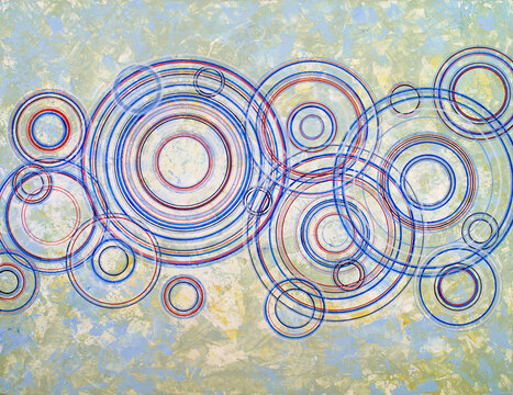 Abstract painting; concentric circles in varied colors.