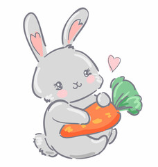 Hand Drawn Rabbit with a carrot Cute Bunny illustration. Print for children vector