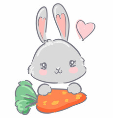 Hand Drawn Rabbit with a carrot Cute Bunny illustration. Print for children vector