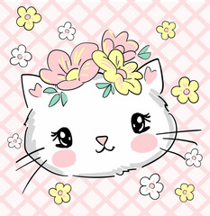 Obraz premium Hand drawn cute cat and flowers kids print vector illustration