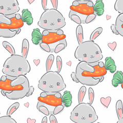 Seamless pattern Cute Bunny and carrots, print design rabbit background, children textile design Vector