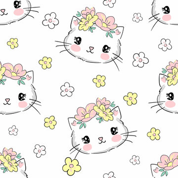 Hand drawn cute cat and flowers pattern seamless vector illustration