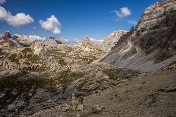 Mountain trail Tre Cime di Lavaredo in Dolomites in Italy