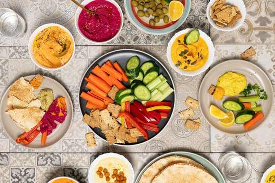 Healthy food : colorful hummus bowls