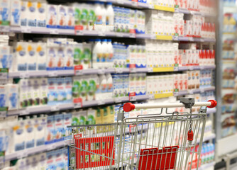 empty grocery cart in an empty supermarket