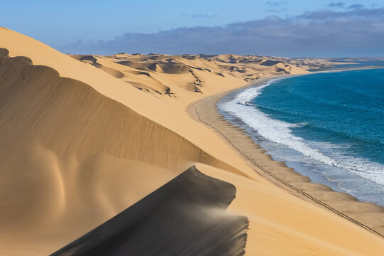 Namibia, the Namib desert, landscape of yellow dunes falling into the sea, the wind blowing on the sand
