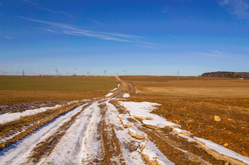 Rural landscape with a road in the fields in spring with a blue sky