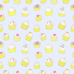 Cupcakes and cakes seamless pattern vector illustration, hand drawing doodles, blue background
