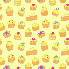 Cupcakes and cakes seamless pattern vector illustration, hand drawing doodles, yellow background