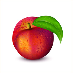 3d Realistic Fresh sweet peach with green leaf isolated on white background. The illustration of a ripe peach for creating packaging, banners, web design or patterns.