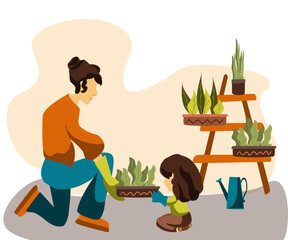 Woman and little girl pant flowers. Vector illustration of hobby gardening in flat style