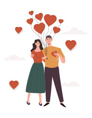 Happy couple in love concept. Young smiling man and woman hugging each other and hold balloons in shape of hearts. Valentine day greeting card. Tenderness and joy. Cartoon flat vector illustration