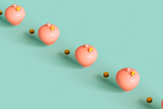 piggy-banks and coins in a row.