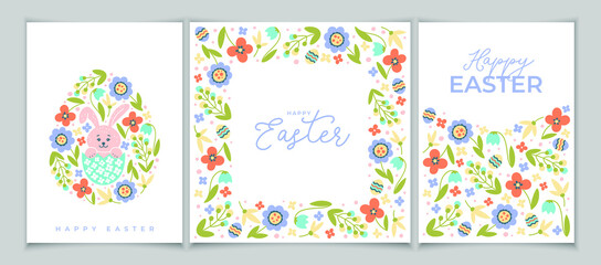 Fototapeta na wymiar Set of Easter greeting card with eggs and colorful flowers