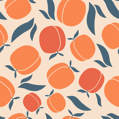 Vector. Seamless pattern. Juicy apricot, peach on tree branches with green leaves. Tropical fruits hand drawn. Bright fruit print in pastel colors. Design for paper, cover, fabric, interior decor.