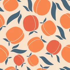 Fotobehang Pastel Vector. Naadloze patroon. Sappige abrikoos, perzik op boomtakken met groene bladeren. Tropische vruchten hand getrokken. Heldere fruitprint in pastelkleuren. Ontwerp voor papier, omslag, stof, interieur.