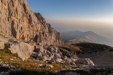 Sunrise and rocky mountains in the Apennines, Italy
