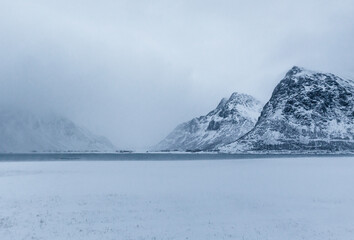 snow covered fjord and seaside in the Lofoten archipelago, Norway