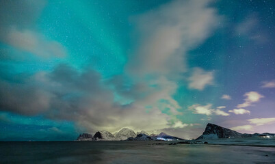 night landscape with aurora borealis