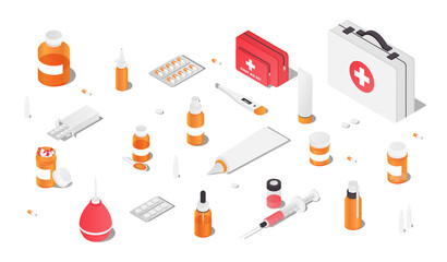 Set of medical tools and medicaments. Stickers with pills, syringe, ointments, syrups, thermometer and enema. Design elements for site. Cartoon isometric vector collection isolated on white background